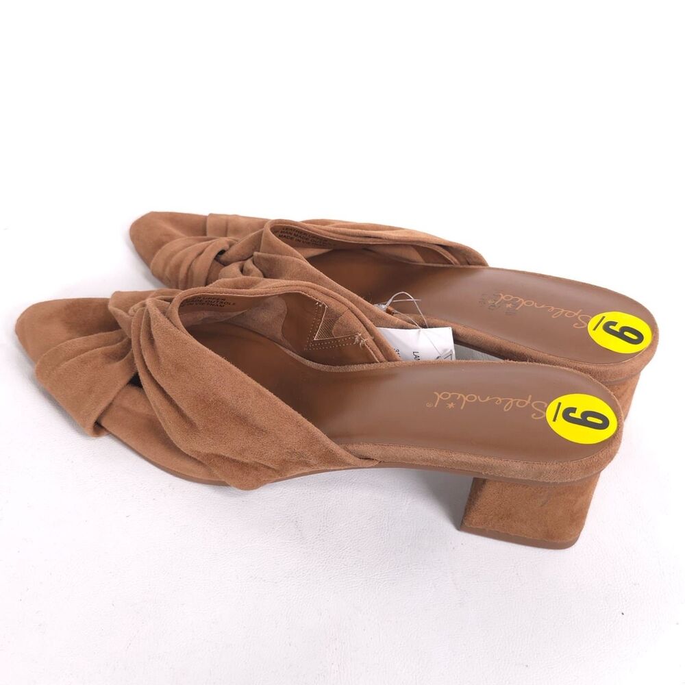 Splendid New Lanis GENUINE SUEDE LEATHER Mules 9 M Caramel Knot Heeled Pointed - Picture 10 of 15